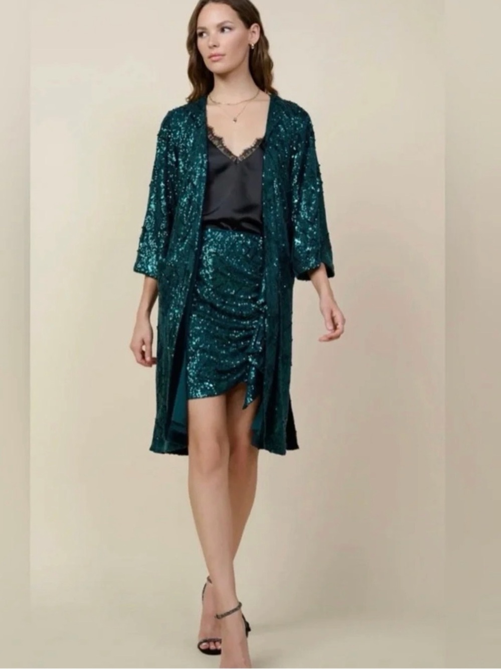 Worn once Skies are Blue, Teal Sequin Long Kimono Cardigan w/ pockets XS/Small